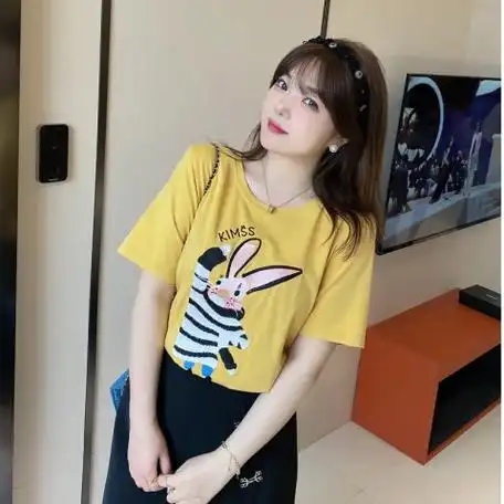 300斤特大码女装胖妹妹短袖2024夏季新款俏皮可爱印花兔子正肩t恤