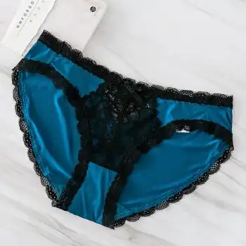 性感牛奶丝冰丝女士三角裤轻簿甜美蕾丝低腰丝滑女内裤 青蓝色 m【图