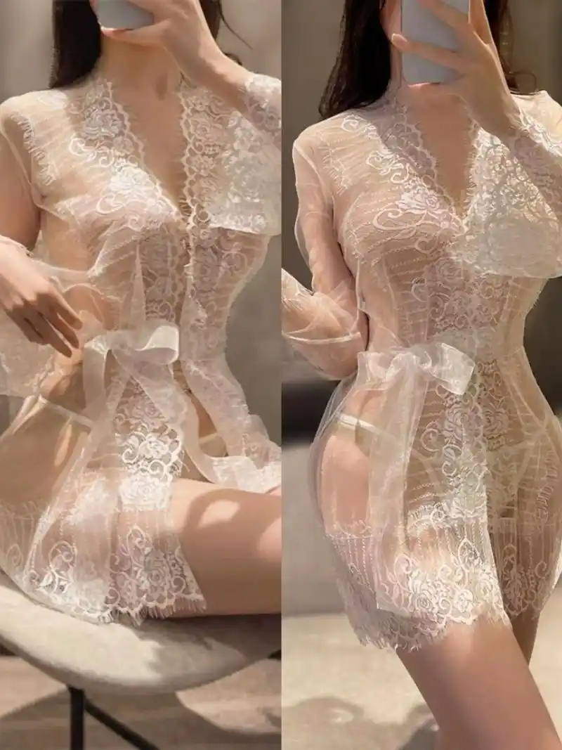 女友高级感透明蕾丝睡裙白战袍时尚镂空睡衣.#撩人性感时尚 # - 抖音
