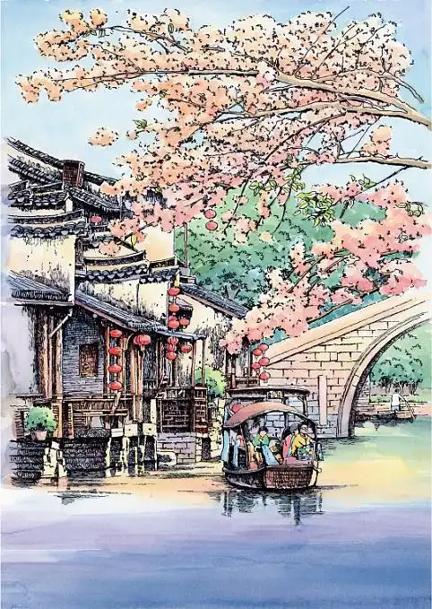 江南小镇经典场景,沿河中式建筑,小船,石桥,盛开的梅花.