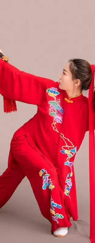 太极服太极春蕾马蕾新款太极服女武术表演服精绣红色七彩祥云