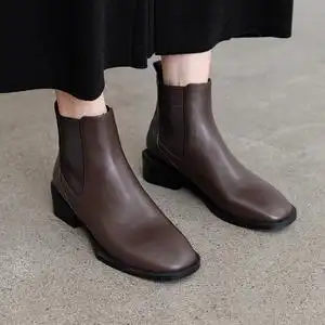 切尔西靴短靴女靴春秋单靴子平底粗跟方头咖啡色秋冬加绒真皮潮靴