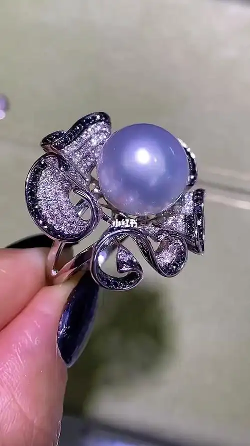 高奢订制,豪华黑白双钻,银蓝澳白珍珠戒指