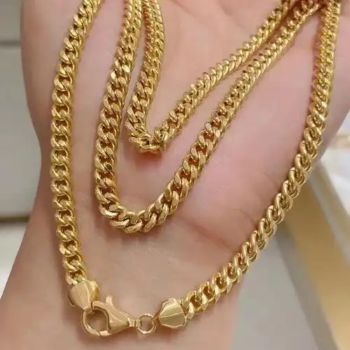 18k黄金项链au750彩金古巴链空心侧身链欧美男款坦克马鞭老板链