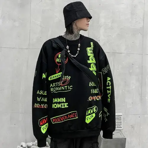 秋冬加绒圆领卫衣男hiphop涂鸦嘻哈宽松oversize韩版潮牌情侣上衣