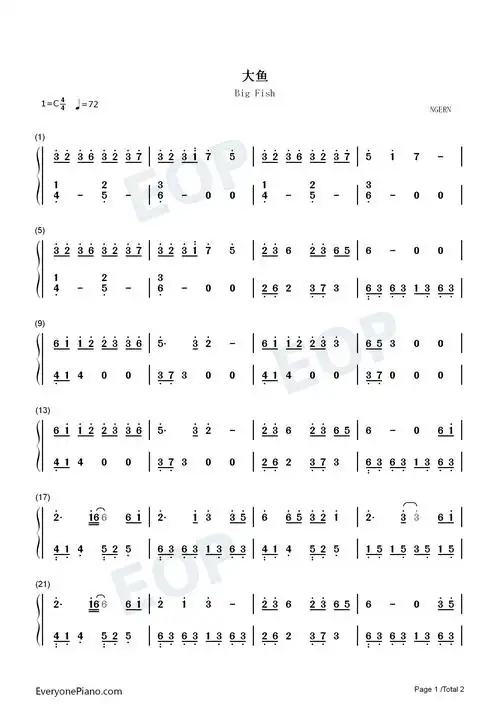 大鱼-c调简单版-一首值得去反复聆听和传唱的歌曲双手简谱预览1