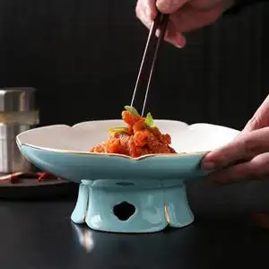 中餐厅会所私房菜餐具酒店水果盘金边镂空高脚盘陶瓷凉菜盘子9寸m