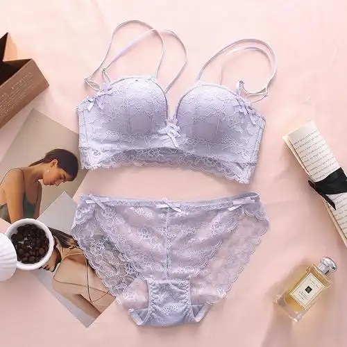 可莉允性感蕾丝美背文胸套装女士小胸聚拢显大内衣内裤上托侧收副乳