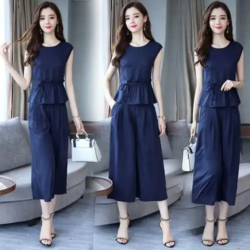 女神范阔腿裤套装女夏款女士新品时尚复古港味网红两件套装宽松潮