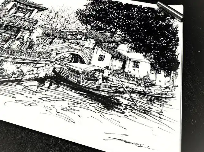 人家尽江南古镇闲地少   水巷小桥多#寻找小红书绘画大神  #钢笔速