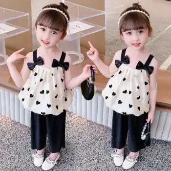 童臻爱童装女童套装夏装儿童套装2022新款韩版时尚卡通吊带t恤上衣阔