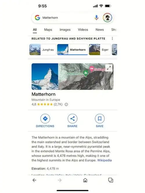 谷歌了一番 感觉马特洪峰比较高, 怎么地图都写着 少女峰是 top of