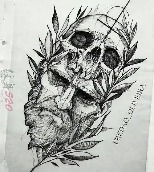 黑色素描创意古典人像和骷髅头纹身手稿