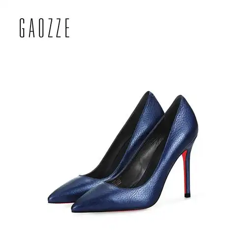 gaozze高兹秋冬热卖新款 高跟鞋女细跟浅口尖头蓝色10cm女鞋单鞋
