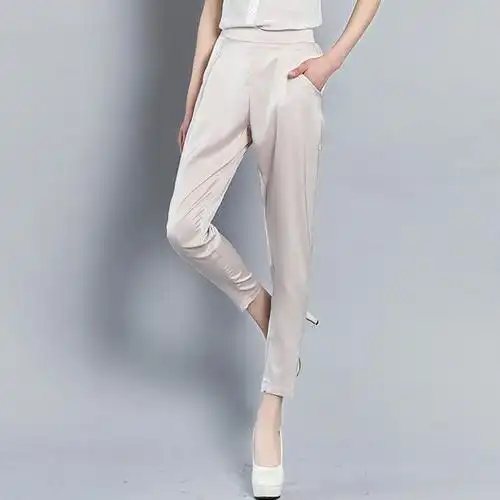 真丝女裤子九分裤哈伦裤夏新款高腰宽松显瘦休闲小脚桑蚕丝萝卜裤