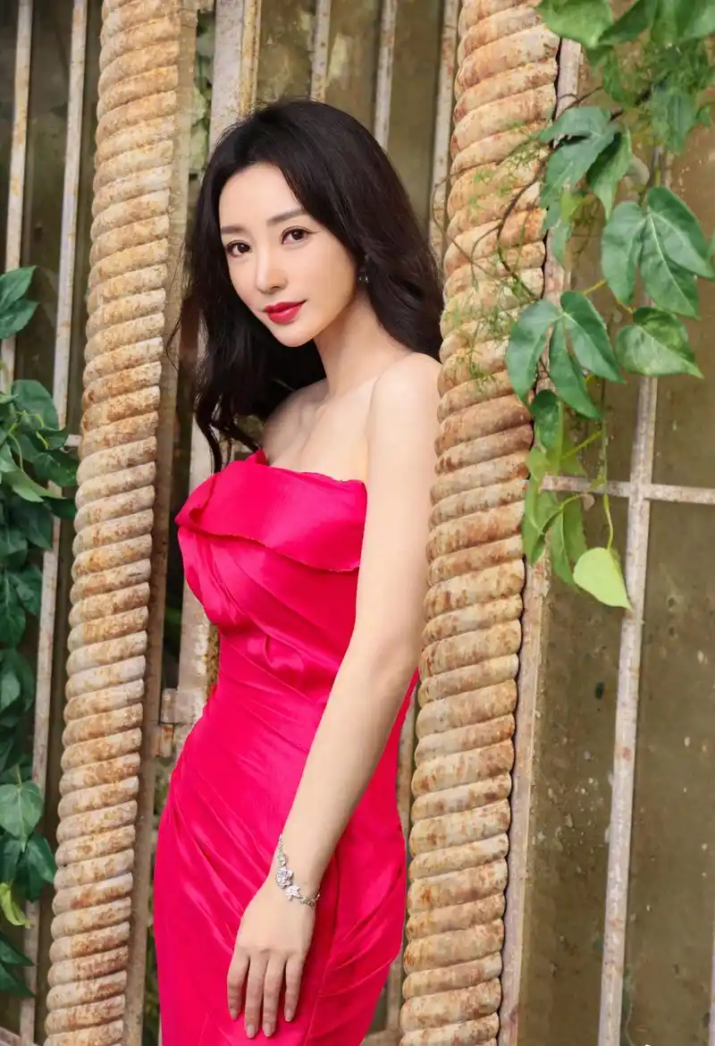 柳岩红色抹胸连衣裙性感写真