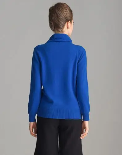 女士宝蓝色堆堆领套头毛衣纯羊绒衫