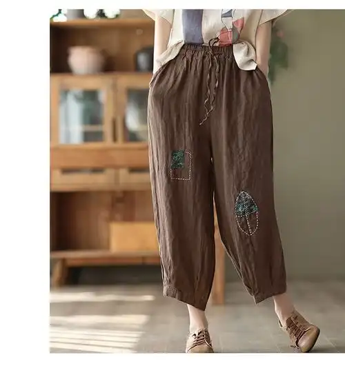 外贸法国单夏季复古贴布棉麻裤大码女裤休闲萝卜裤胖mm亚麻哈伦