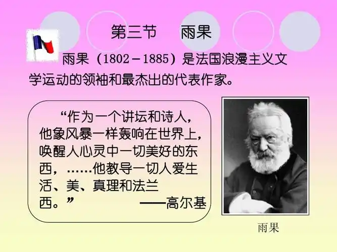 雨果(1802-1885)是法国浪漫主义文 学运动的领袖和最杰出的代表作家