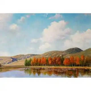 李世权《湖边的秋天》一级画家风景油画横幅