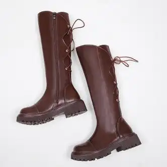 穿的靴子厚底长筒靴新款春秋季不过膝马丁靴胖mm大筒围粗腿棕色单里36