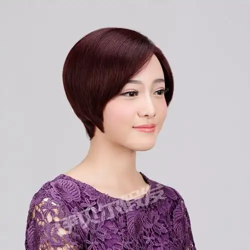 假发女短直发波波头真人发丝 气质斜刘海不规则发套一件代发 6048