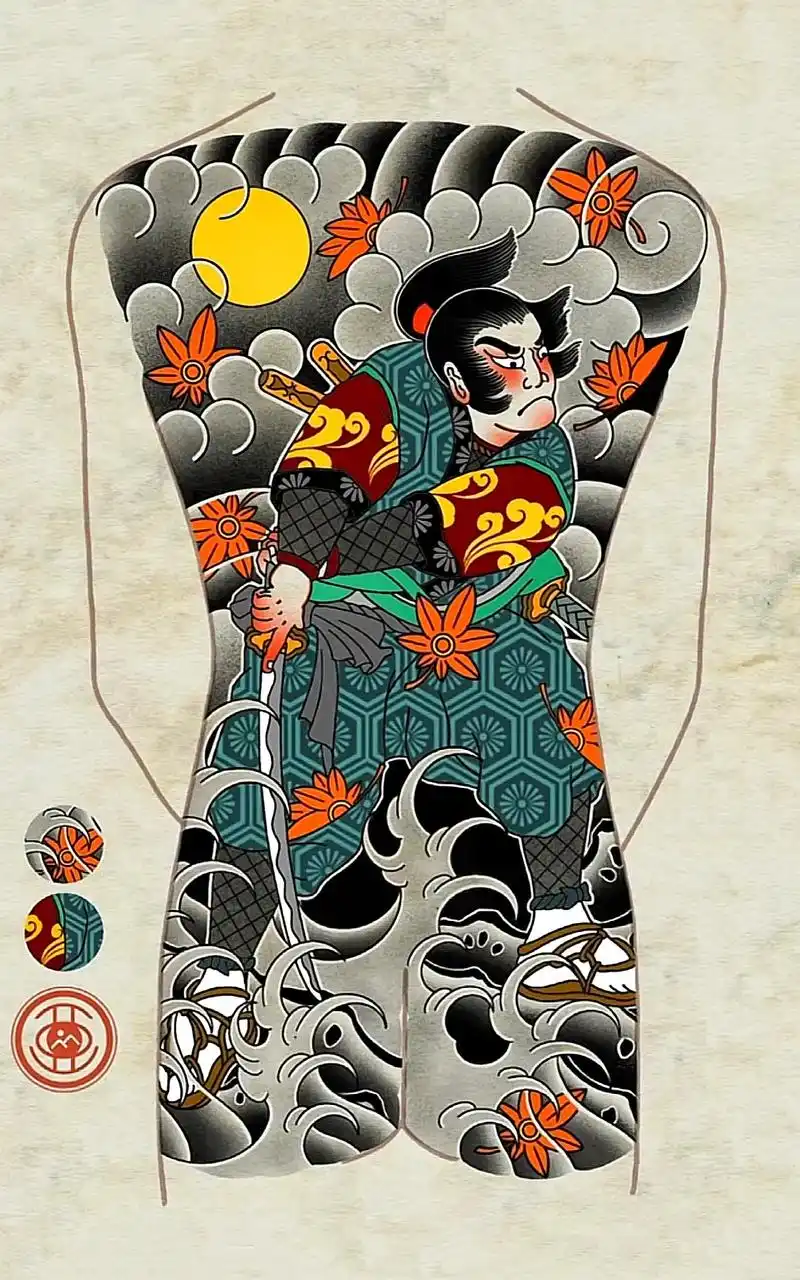 老传统宫本武藏满背纹身手稿分享!云雾山石水浪枫叶! #日式老传统