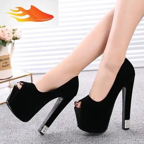 fishbasket恨天高夜店超高跟鞋15cm粗跟防水台女鞋浅口绒面性感水钻