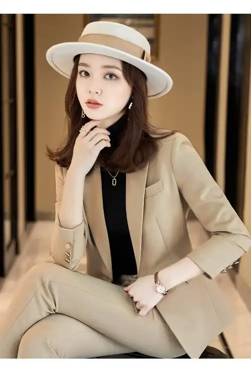 蔻伊娅2021春秋季卡其小西装外套女新品感气质女神范职业西服正装套装