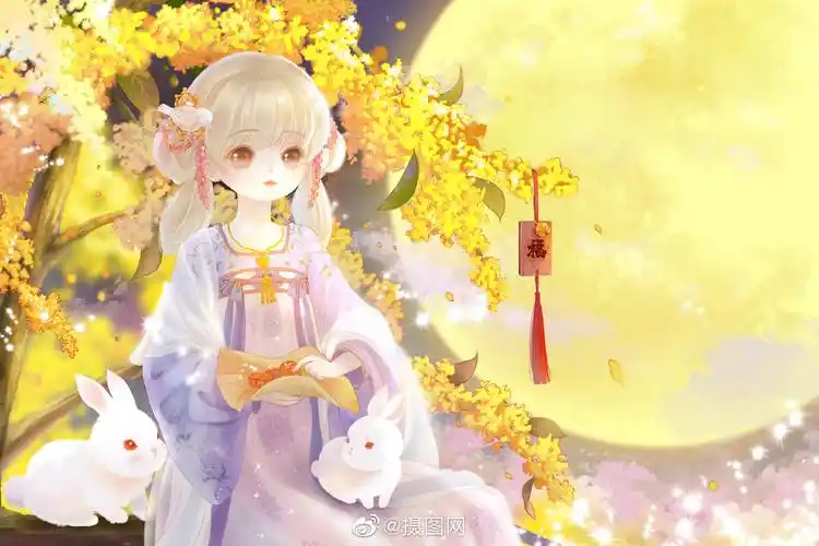 快和图图回家吧~中秋节兔子拟人插画,兔子小姐邀你一起赏月~   版权by