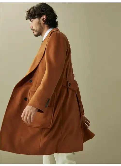 hany金棕羊绒马球大衣男双排扣羊毛高端商务休闲毛呢长款男士外套
