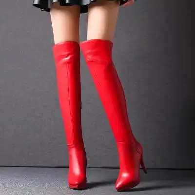 冬季新款真皮过膝靴长靴女红色长筒靴细跟防水台高筒靴高跟女靴潮