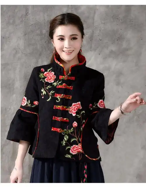 贝梵诗2015新款民族风复古盘扣唐装上衣棉麻宽松九分袖绣花短外套913