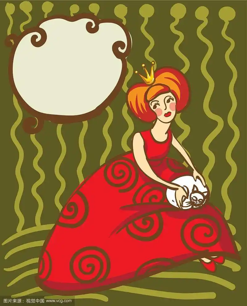 矢量插图公主在红色的裙子与一只白色的猫在她的腿上