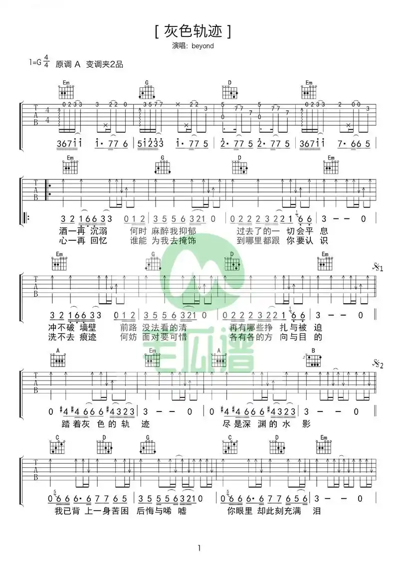 速看!beyond《灰色轨迹》吉他谱分享