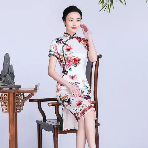 钱塘佳人重磅真丝旗袍蚕丝高端大花旗袍