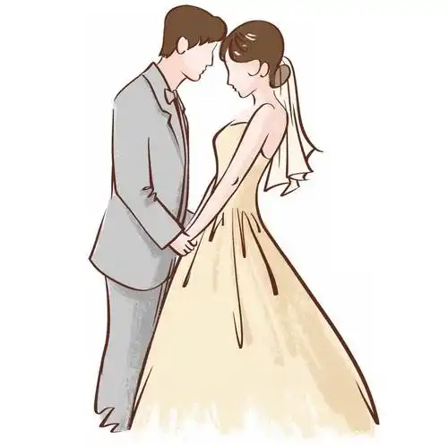 身穿淡黄色婚纱和西装的新娘新郎结婚照手绘插画8803419矢量图片免抠