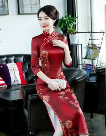 丝绸旗袍女七分袖春夏优雅修身走秀旗袍长款红色结婚敬酒旗袍如意花开