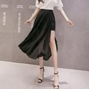 夏季新款侧开叉雪纺纱裙女高腰防走光性感半身裙学生大码长款裙子