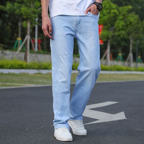 花花公子夏季薄款浅蓝色弹力牛仔裤男修身小脚休闲裤子男韩版潮流