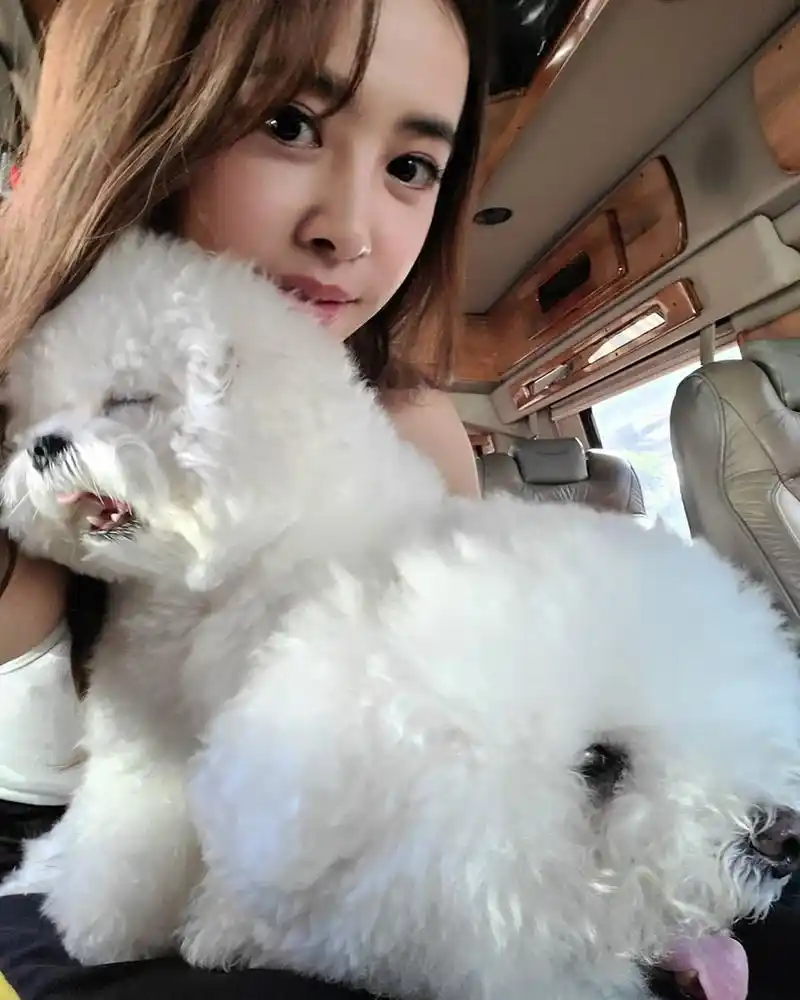 小狗闭着眼睛依偎在蔡依林怀中很是可爱,蔡依林浅笑着似乎也十分享受