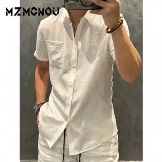 mzmcnou夏季高品质舒适口袋纯色亚麻翻领短袖衬衫男宽松轻奢半袖衬衣