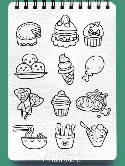 蛋糕面条鸡腿冰淇淋薯条美食甜品简笔画