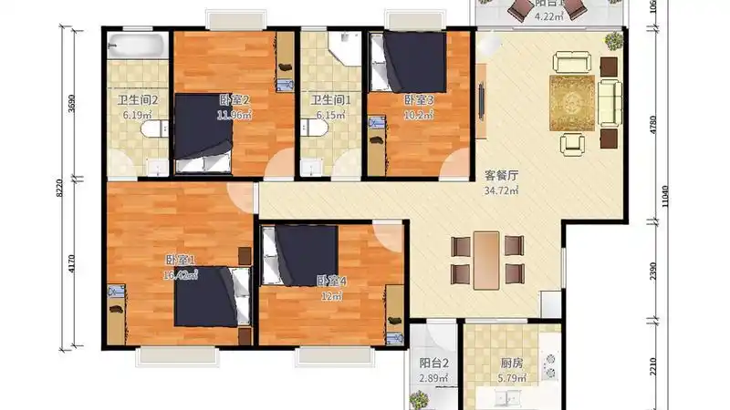 东方润园南北精装4室2厅116.54m