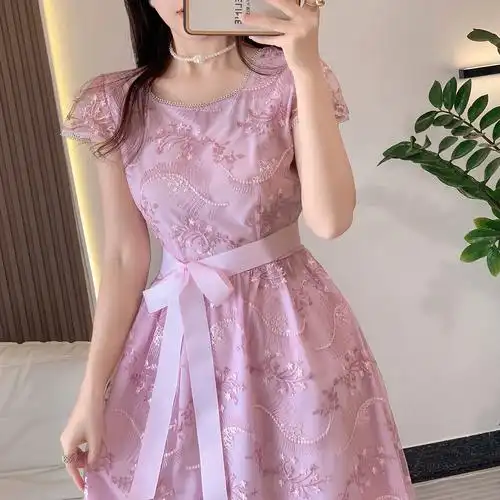 新款 高端名媛重工裙子 实拍粉色网纱连衣裙女夏季 - 女装/女士精品