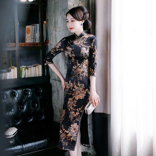 22新款七分袖真丝旗袍 日常改良重磅真丝旗袍高档连衣裙厂家批发