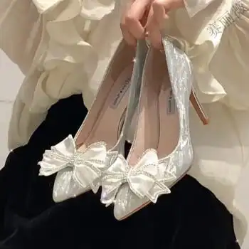 结成人礼高跟鞋水晶银色蝴蝶结礼服高跟鞋女细跟伴娘仙女风少女婚鞋秀