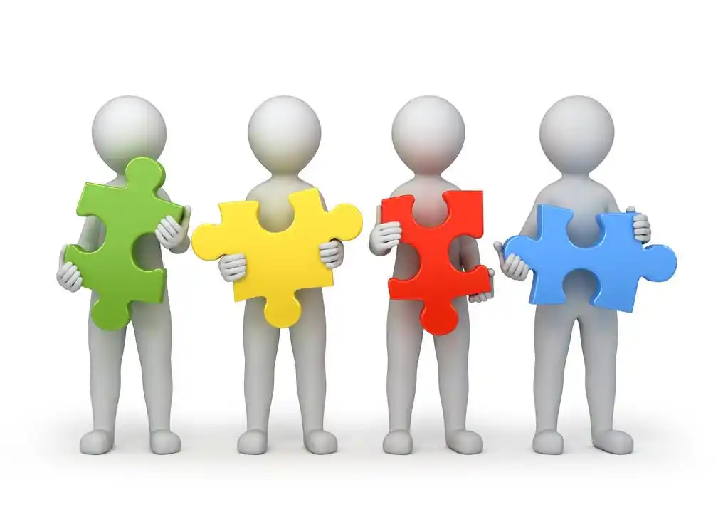团队合作,团队合作,四个人用不同的拼图,3d 图像的工作路径
