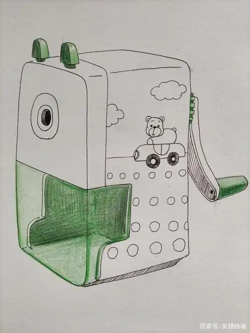 线描彩铅画:转笔刀的画法,这么画转笔刀真简单