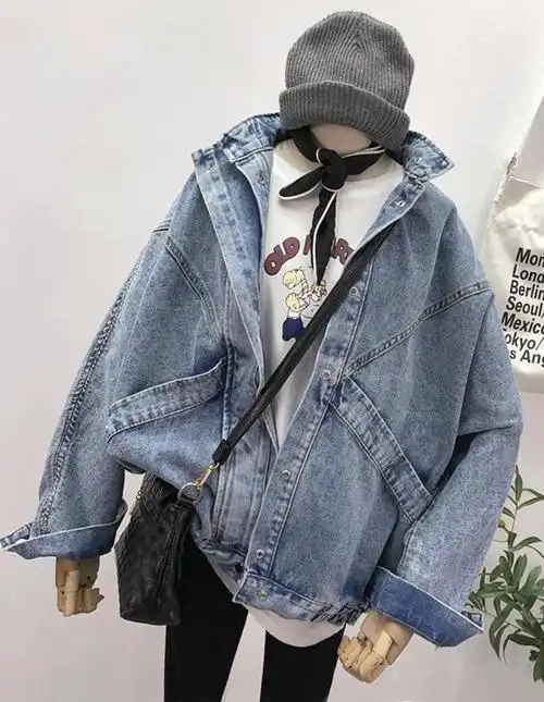 牛仔外套女宽松蝙蝠袖大口袋牛仔上衣复古工装雪花色bf牛仔服女